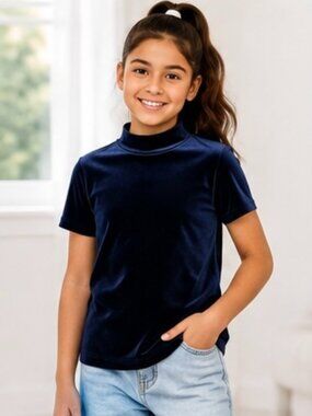 Gemo Girls Navy Velvet Mock Neck Top Size 10 Never Worn
